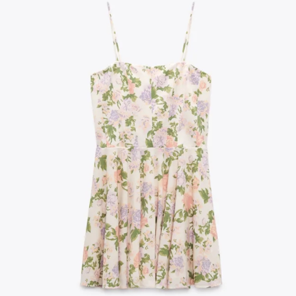 Zara Corset Style Spaghetti Strap Cream Floral Mini Dress Size Medium - Picture 2 of 12
